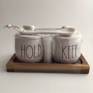 RAE DUNN Jar Set with Tray and Spoons.